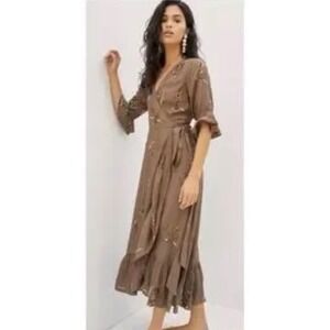 ANTHROPOLOGIE Let Me Be Brown Sequin Floral Asymmetrical Wrap Midi Dress Med NWT